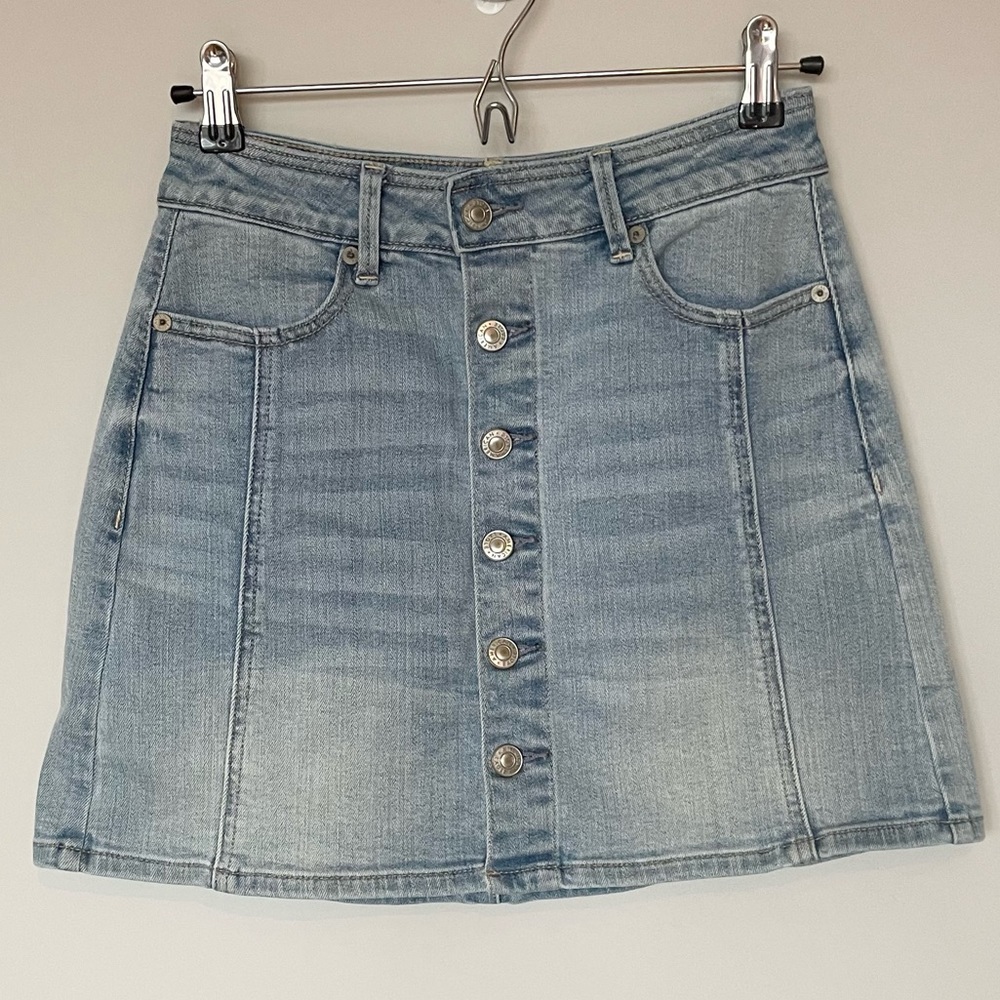 AE High-Rise Denim Skirt, Size 2, Light Acid Wash